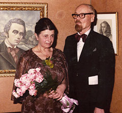 With wife Maria in front of his works at celebration honouring his 50 years of artistic work, Edmonton, 1979