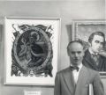 At art exhibition, in front of portraits of Hetman Ivan Mazepa and poet Taras Schevchenko, Edmonton, 1963